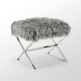 Grey Shaggy Faux Fur Silver X Frame Leg Bench Ottoman